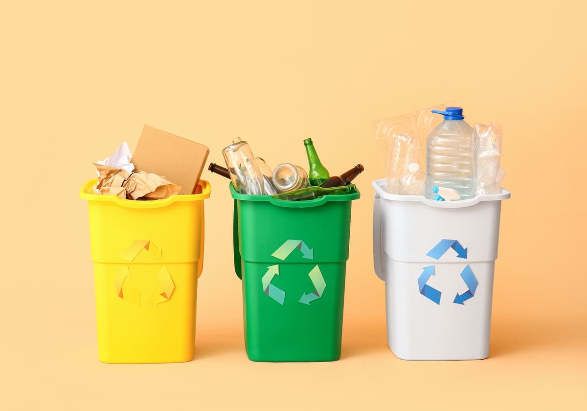 cosuri galben verde alb pentru colectarea selectiva a hartiei sticlei si plasticului